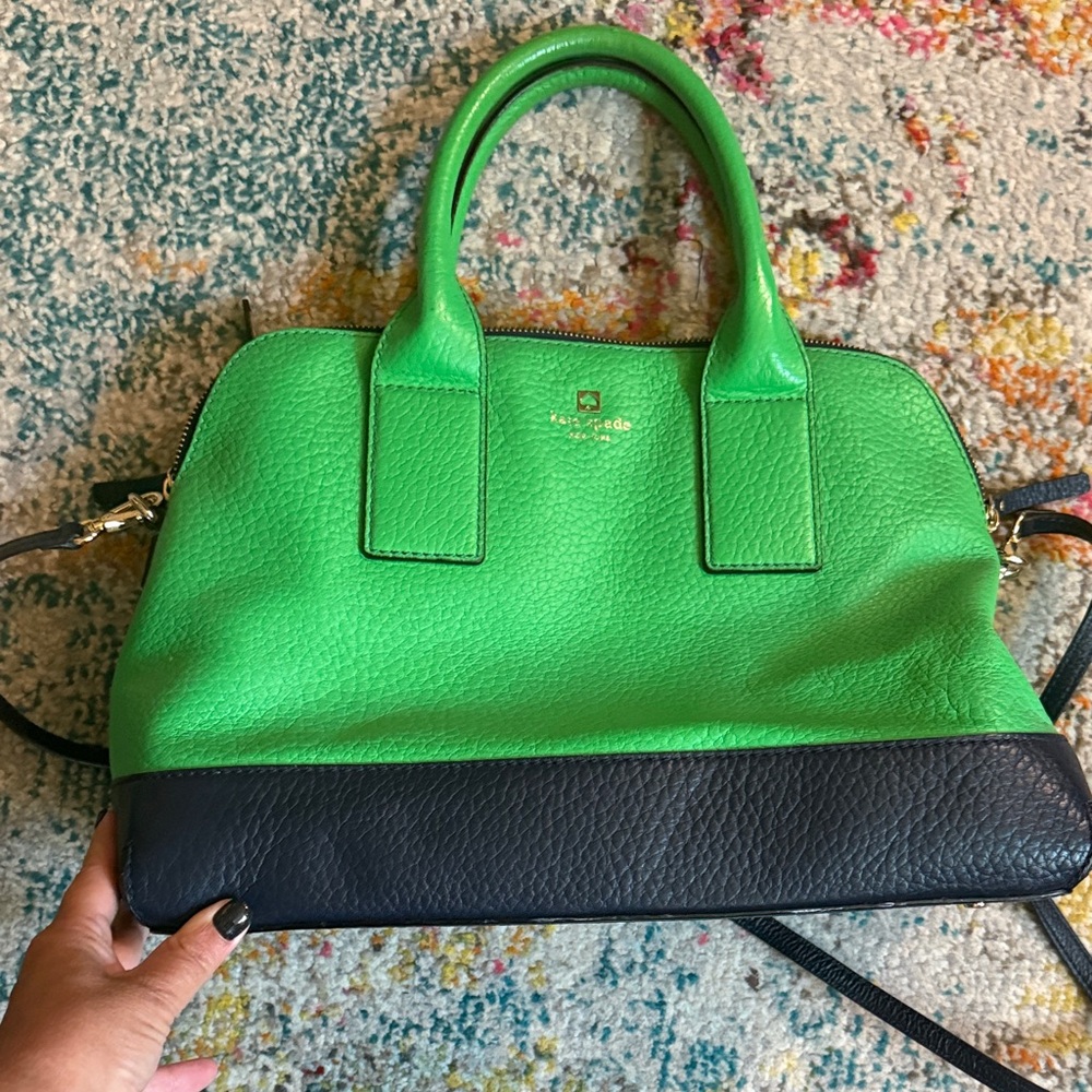 kate spade Green and Navy Pebbled Leather Bowling Bag Satchel w strap